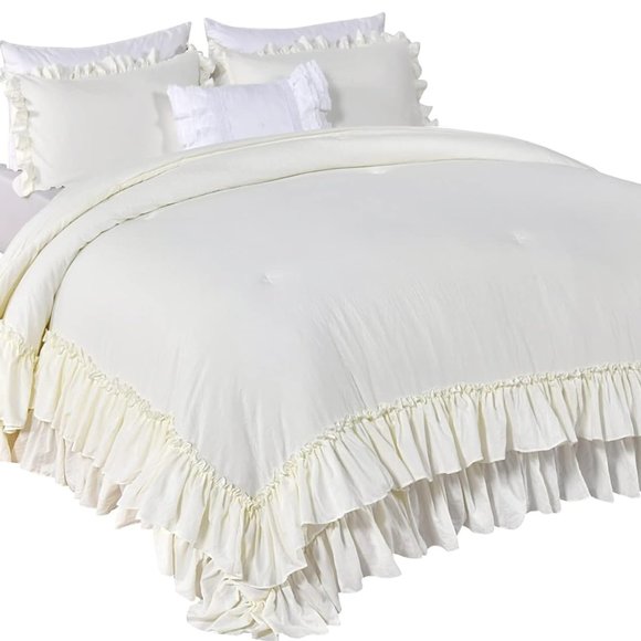 Ivory Queen Size Bed Comforter Set Cream French Shabby Chic Bedding Stone Washed - Picture 8 of 12